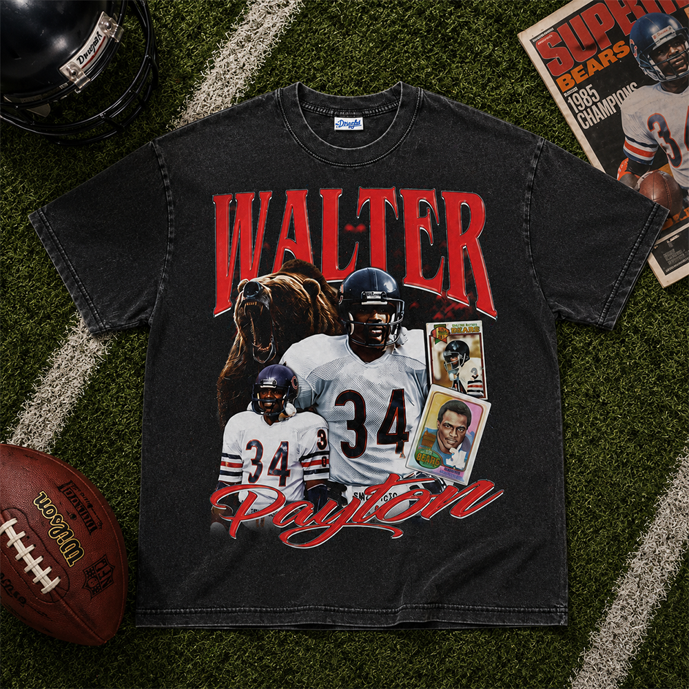 The Drizzled Walter Payton vintage graphic tee in washed black with retro sports collage